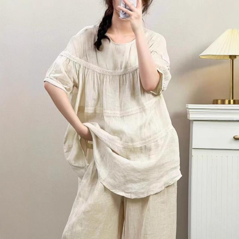 シャツ レディース 軽量 体型カバー 韓国風 ファッション レース切り替え シンプル リネン 麻 五分袖 丸首 クルーネック ゆったり オーバーサイズ ミドル丈 チュニック カジュアル レトロ 春夏 プルオーバー
