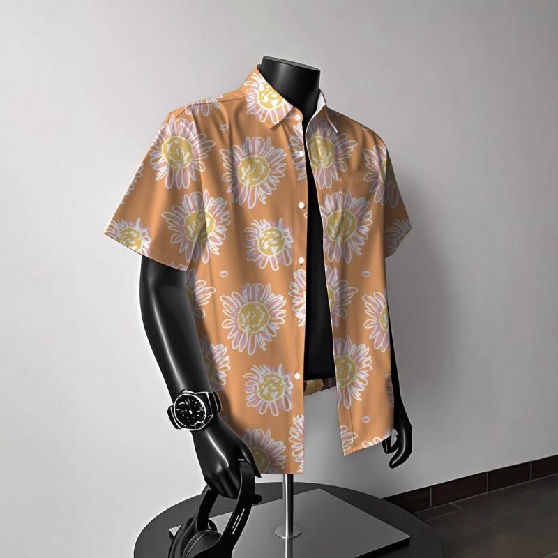 シャツ メンズ レトロ ヴィンテージ 菊 総柄 半袖 ハワイアン アロハシャツ ビーチ リゾート カジュアル ペア 春夏 ウォッシャブル ノーアイロン(4)