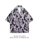 シャツ メンズ 通気性 吸汗速乾 日系 ストリート トレンド カジュアル 総柄 葉っぱ柄 ゆったり ヒップホップ 半袖 薄手 化繊混紡 開襟 切り替え(4)