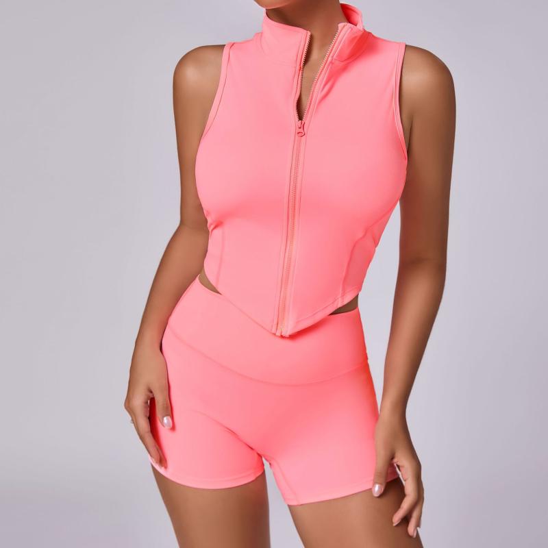 ヨガウェア レディース 吸汗速乾 ストレッチ ハイウエスト タイトフィット ノースリーブ ジップアップ 美背デザイン ショートパンツ 上下セット ジム フィット...