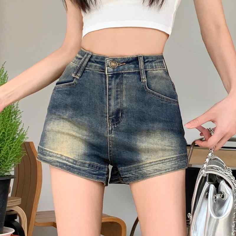 Cotton - デニムショートパンツ レディース ストレッチ ハイウエスト スリムフィット ダメージ加工 アメリカンヴィンテージ風 美脚 ホットパンツ ストレート カジュアル 着回し コットンデニム