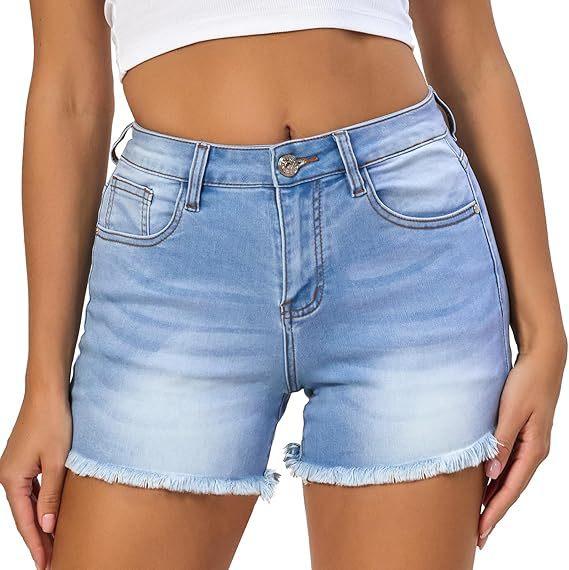 Cotton - ショートパンツ レディース 高ストレッチ 綿混 デニム ミドルウエスト 春夏 カジュアルスタイル 普段使い デイリーユース 短パン 3分丈