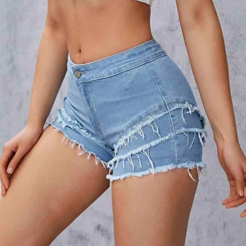 Cotton - デニムショートパンツ レディース ストレッチ フリンジ加工 ミニフレア ミドルウエスト ブルー カジュアル ストリートスタイル 春夏 綿混素材