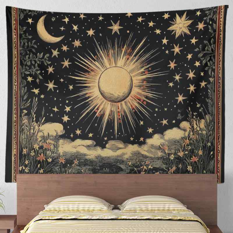 タペストリー 太陽 月 タロットカード ボヘミアン風 エスニック 壁飾り 背景布 インスタ映え リビング 寝室 玄関 装飾布 インテリア おしゃれ ポリエステル製 デジタルプリント(x2)