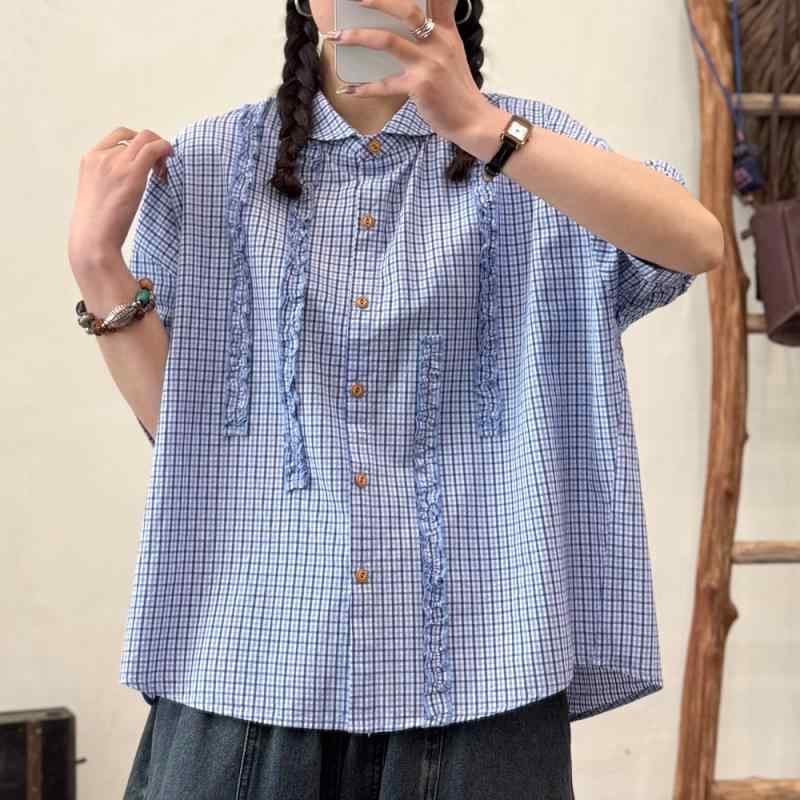 シャツ レディース 韓国風 襟付き レース ブルー ブラウン 格子柄 半袖 ゆったり オーバーサイズ 綿素材 カジュアル スウィート 前開き 春夏 トップス(x2)