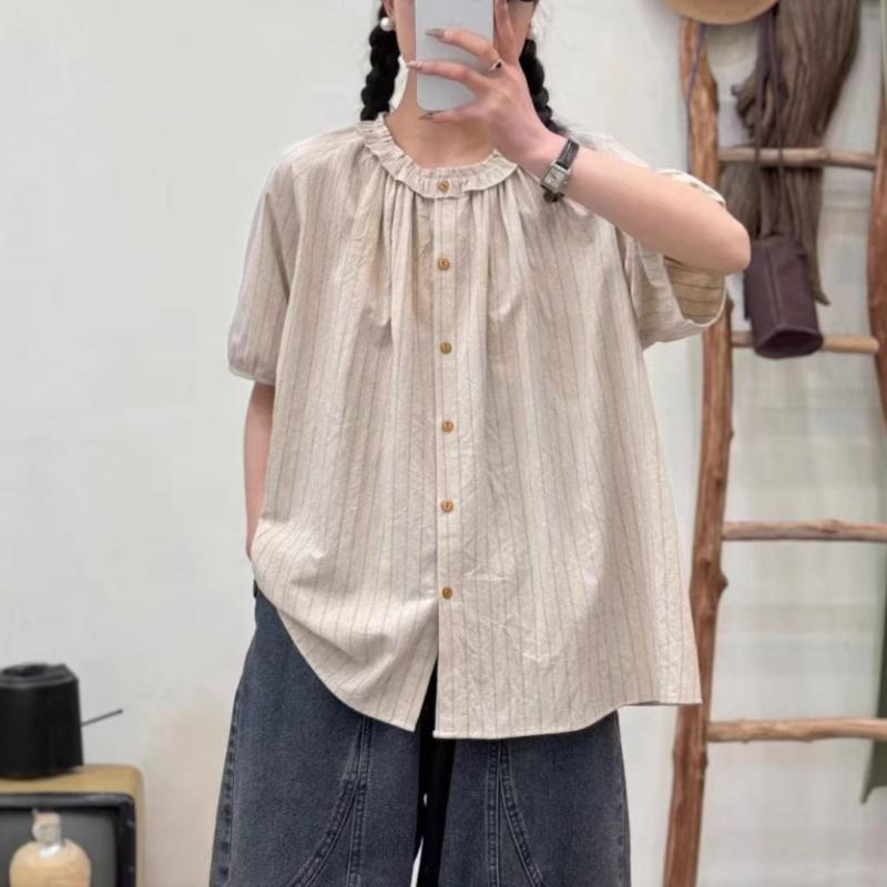 シャツ ブラウス レディース ストライプ柄 フリル襟 半袖 綿 コットン ゆったり 体型カバー 通気性 レトロ ヴィンテージ風 日系 カジュアル デイリー 着回し オフィス 通勤 春夏 トップス(x2)