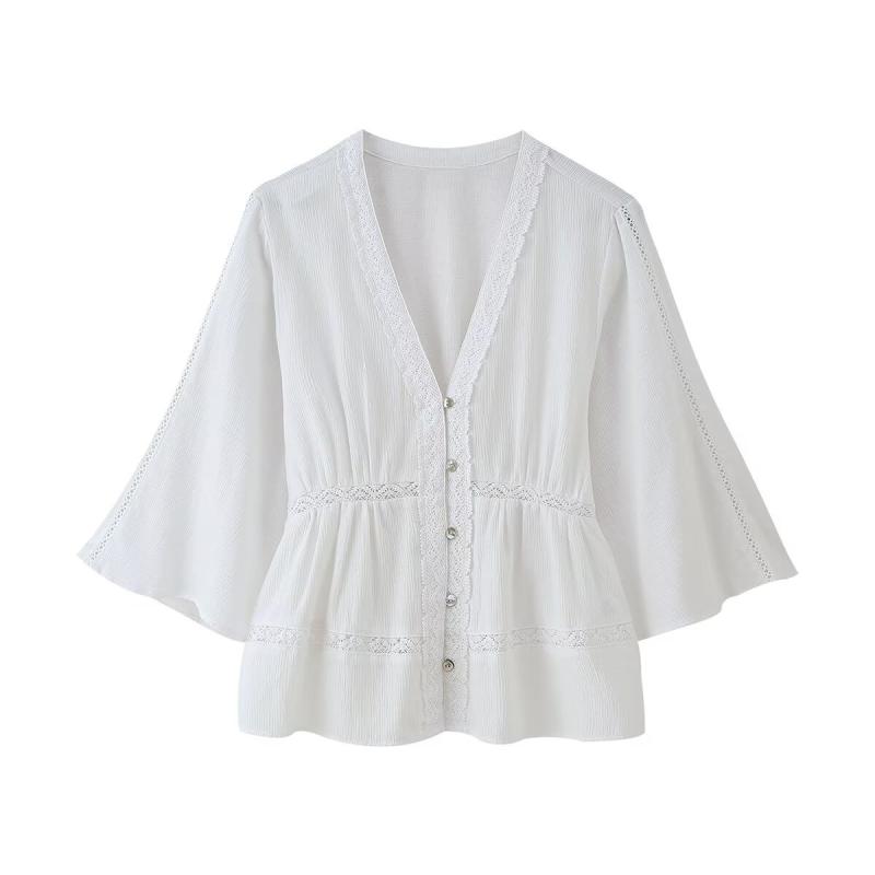 ・カテゴリ: シャツ・スタイル: カーディガン・主な素材: ポリエステル70〜80%・袖丈: 七分袖・袖タイプ: レギュラー袖・加工: 刺繍・フィット: ゆったり・着丈: レギュラー丈（約50〜65cm）・ネックライン: Vネック・デザイン要素: ボタン・前立て: シングルブレスト（多ボタン）・デザインテイスト: 清新フェミニン・カラー展開: ホワイト・サイズ展開: XS, S, M, L