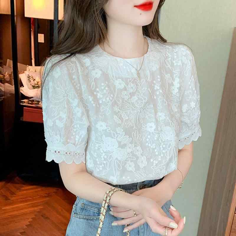 3-Quarter Sleeves - ブラウス レディース フレンチデザイン おしゃれ 精緻な刺繍 パフスリーブ 五分袖 ホワイト レース ゆったり ラウンドネック 切り替え 通勤 オフィス デイリー 春夏