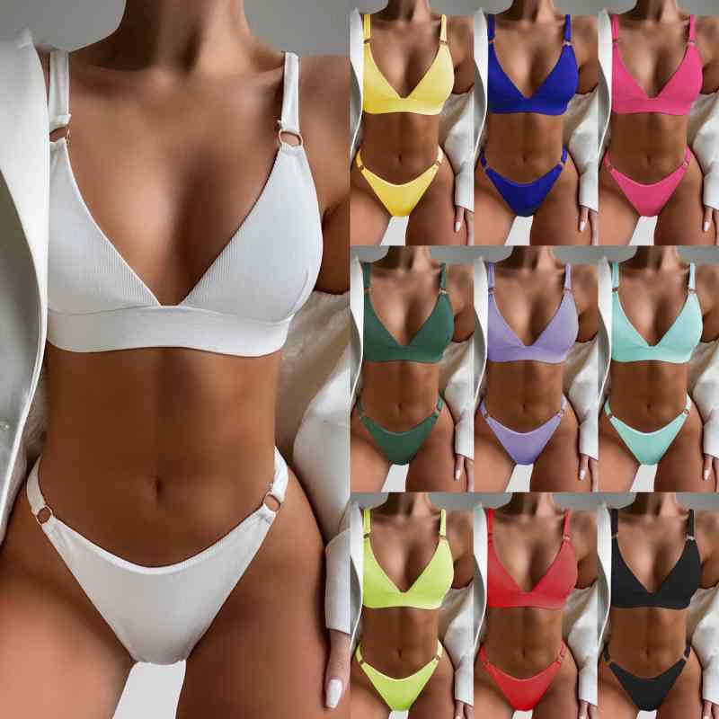 スイムウェア レディース 欧米風 リブ加工 無地 リング付き 三角ビキニ 胸パッド入り ノンワイヤー 体型カバー ビーチ プール リゾート 大人用 多色展開 ポリエステル素材(x2)