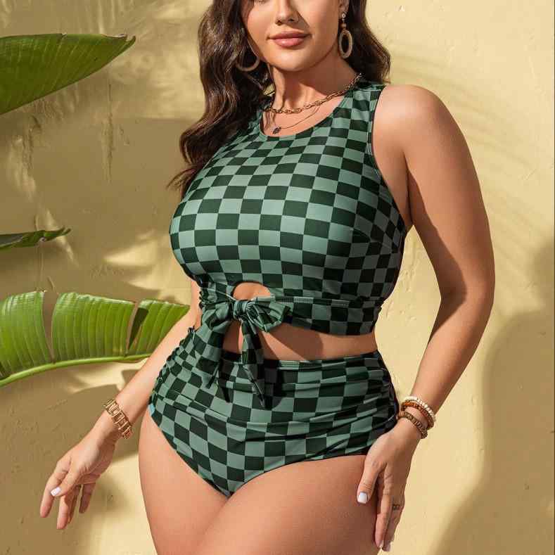 スイムウェア レディース 速乾 高伸縮性 ハイウエスト スリムフィット 体型カバー 欧米風 チェック柄 セパレート ビキニ ビーチ リゾート 海外旅行 プール カップ付き ノンワイヤー