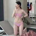 ビキニ レディース ホルターネック プッシュアップ セクシー 体型カバー スタイルアップ 小花柄 ピンク 速乾 パッド付き ノンワイヤー リングデザイン セパレート ツーピース 水着 プール ビーチ 海 リゾート