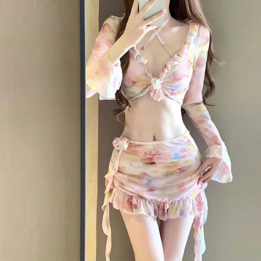 ビキニ レディース セパレート 水着 4点セット 長袖 おしゃれ プリント かわいい セクシー ワイヤー入り 谷間メイク 胸パッド付き ビーチ スイムウェア ビキニ レディース セパレート 水着 4点セット 長袖 おしゃれ プリント かわいい セクシー ワイヤー入り 谷間メイク 胸パッド付き ビーチ スイムウェア