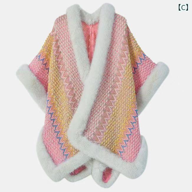 ショール レディース 暖か 厚手 カシミヤタッチ 民族風 配色 ボヘミアン 透かし編み ポンチョ ケープ ニット カーディガン 羽織り アウトドア 旅行 秋冬