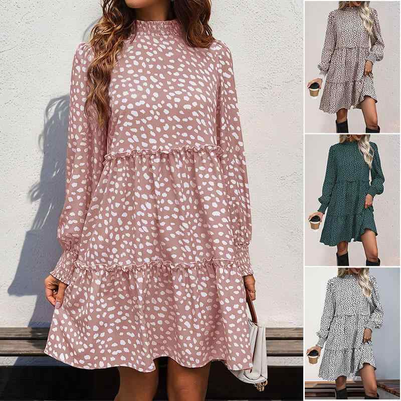 ワンピース レディース 上品 エレガント 通勤 切り替え ヒョウ柄 プリント 長袖 プルオーバー プリーツ Aライン ゆったり ショート丈 ポリエステル 秋