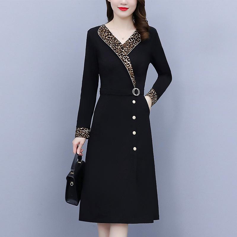 ワンピース レディース 大きいサイズ 体型カバー ヒョウ柄 切り替え Aライン 長袖 秋冬 上品 ミディ丈 レトロ ポリエステル ブラック