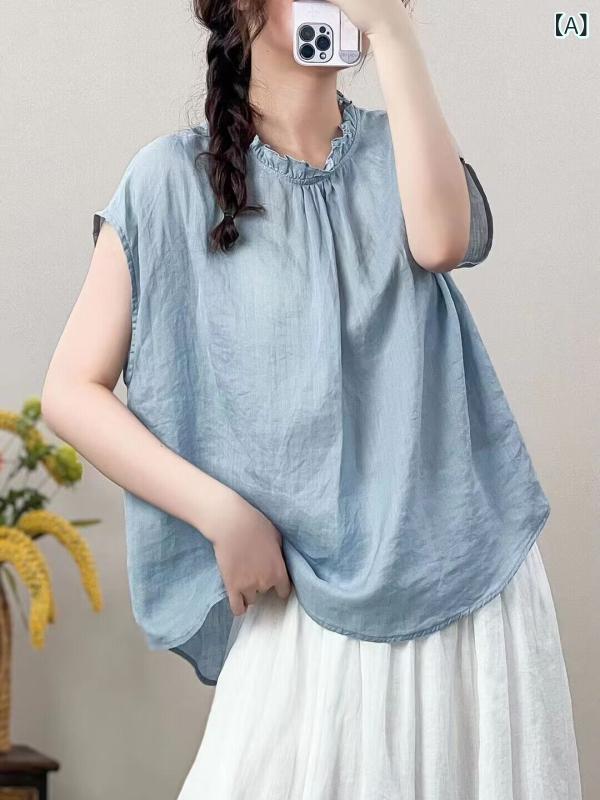 2個セット・カテゴリ: シャツ・スタイル: プルオーバー・テイスト: 文芸レトロ・主な素材: 綿麻混紡 (ラミー70〜80%)・柄: 無地・ネックライン: レース襟・袖丈: 半袖・袖タイプ: フリルスリーブ・フィット: ルーズフィット・着丈: ミドル丈 (約50cm〜65cm)・デザイン要素: ボタン、プリーツ・加工: 先染め・カラー展開: 白、ライトブルー、ピンク、アーミーグリーン、ネイビー、イエロー、レンガ色、エメラルドグリーン、ブラック・サイズ展開: フリーサイズ