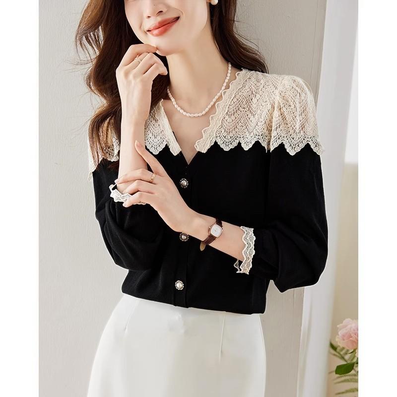 シャツ レディース 通勤 オフィス 細見え 体型カバー 長袖 レース切り替え ベルベット フレンチスタイル 襟付き 前開き 上品 カーディガン ブラウス 秋冬