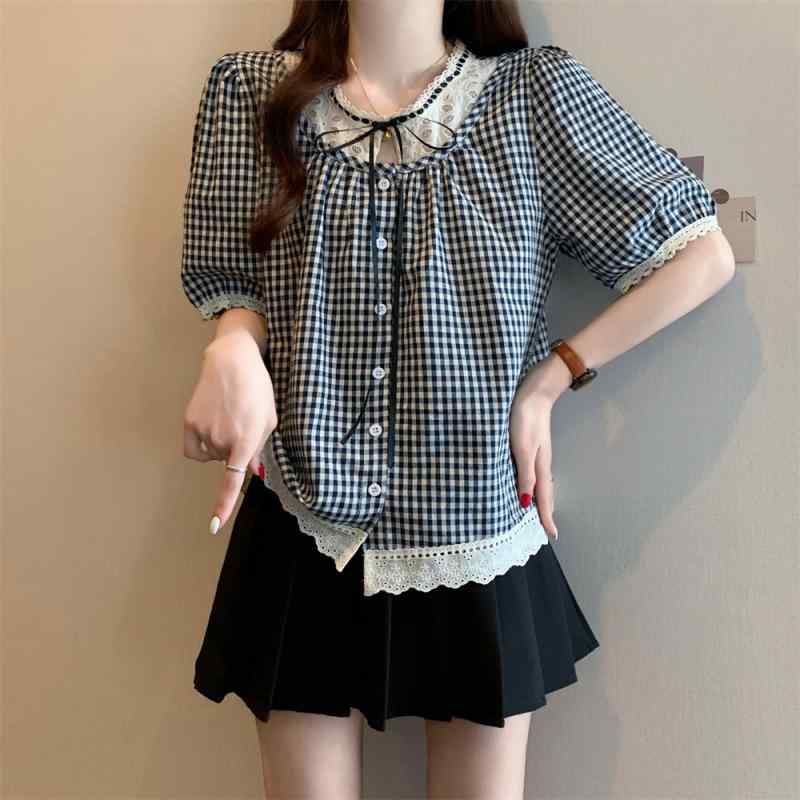 シャツ レディース 春夏 オーバーサイズ 半袖 ラウンドネック レース装飾 チェック柄 デザイン性 着回し 通勤 ポリエステル プリーツ ブラウス