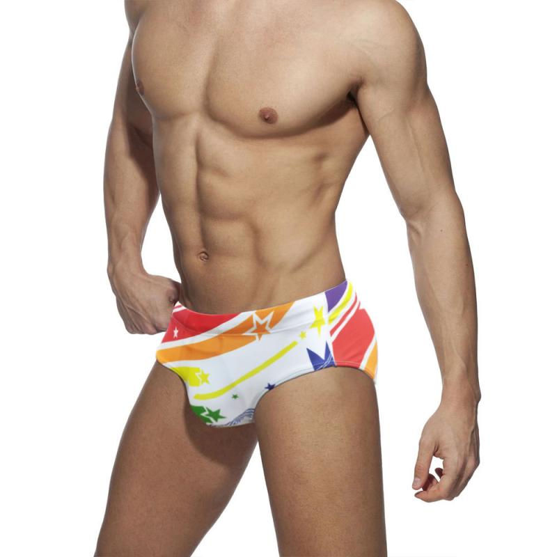 スイムブリーフ メンズ セクシー タイトフィット カラフル星柄プリント 欧米風 ホワイト ナイロン素材 ポリエステル裏地 スポーツ 競泳..