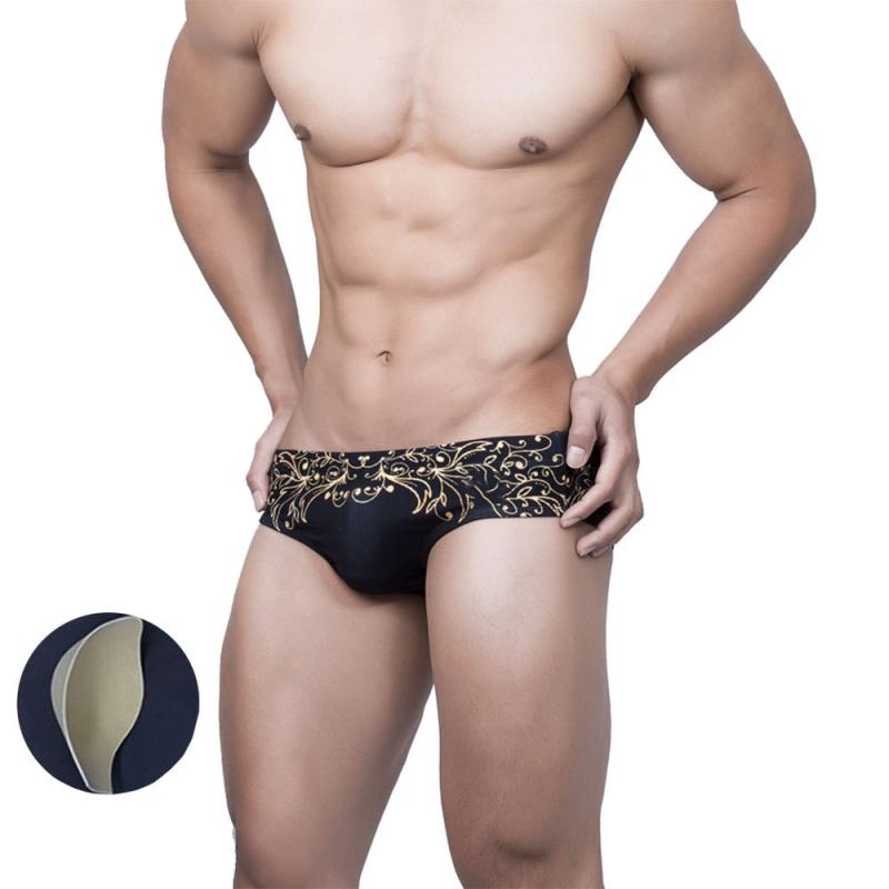 スイムパンツ メンズ 男性用 レトロ 金葉 プリント カップ付き 立体構造 ボリュームアップ セクシー おしゃれ ナイロン 速乾 快適 ビーチ プール 水着