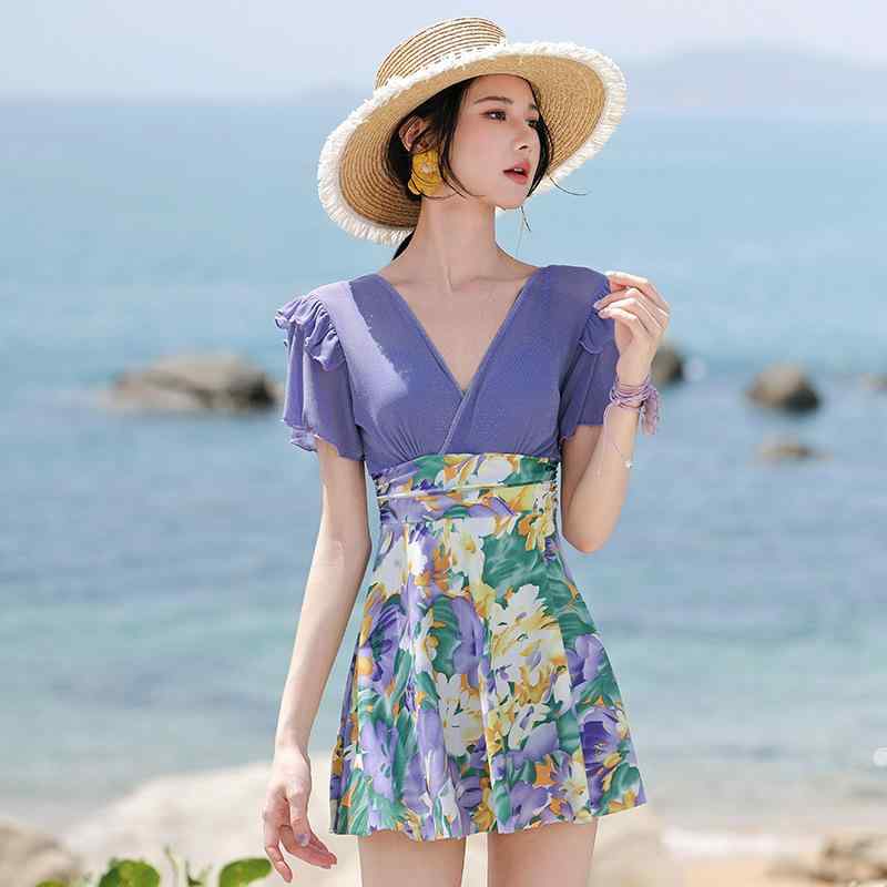 水着 レディース ワンピース スカート一体型 体型カバー 細見え 露出控えめ ワイヤー入り パッド付き 韓国風 温泉 プール リゾート ナイロン素材 パープル