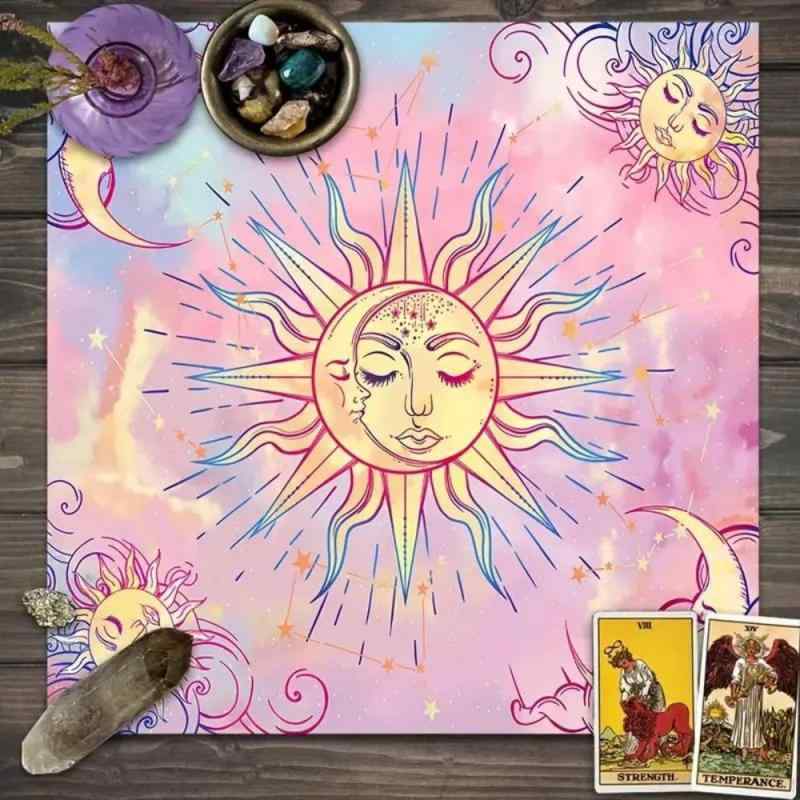 テーブルクロス タロットカード 太陽と月 ピンク 星空 北欧スタイル 正方形 ポリエステル製 布製マット お部屋 寮 おしゃれ インテリア装飾 マルチカラー(x7)