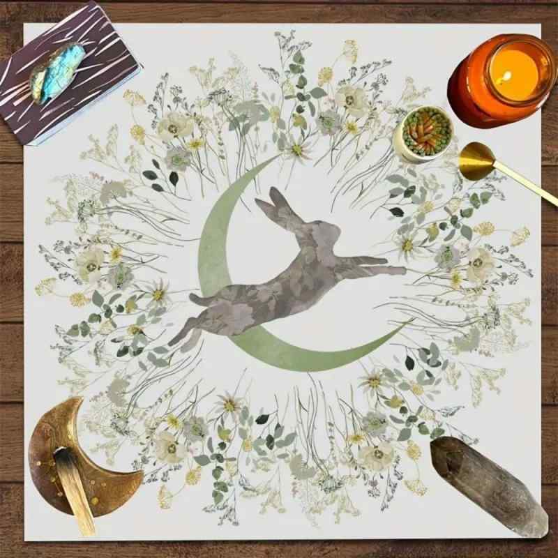 タロットクロス 月相 ウサギ 花柄 葉っぱ模様 北欧風 正方形 ポリエステル製 かわいい お部屋 インテリア装飾 マルチカラー(x7)