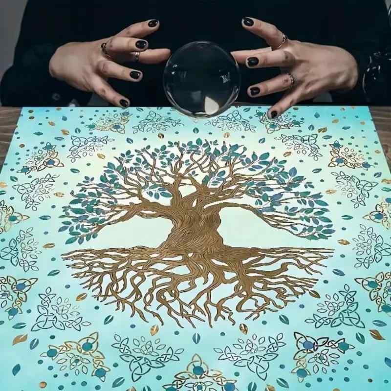 テーブルクロス タロットカード リーディングマット 生命の樹 ブルー ポリエステル 正方形 北欧風 植物..