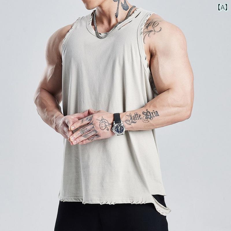 吸汗速乾 通気性 メンズ タンクトップ スポーツ ジム トレーニング オーバーサイズ ゆったり ダメージ加工 アメカジ コットン 無地 春夏 カジュアル 部屋着 白 黒 グレー(x2)