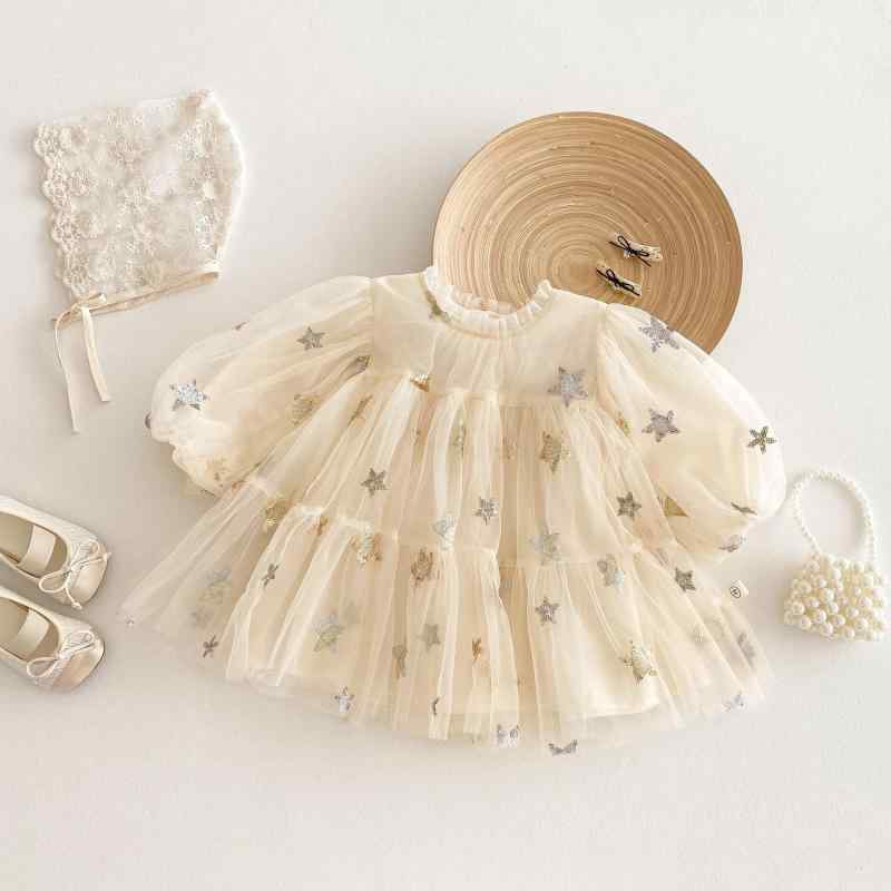 ワンピース 女の子 キッズ 子供服 韓国風 プリンセスドレス 春夏 長袖 チュールスカート Aライン ナイロン素材 柔らかい ミルクティーカラー ベビー かわいい
