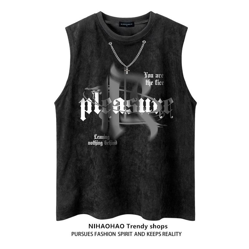 Tシャツ メンズ スエード調 春夏 ノースリーブTシャツ ルーズフィット ゆったり スポーツ カジュアル アメリカンレトロ ヴィンテージ風 イージーケア ロゴプリント