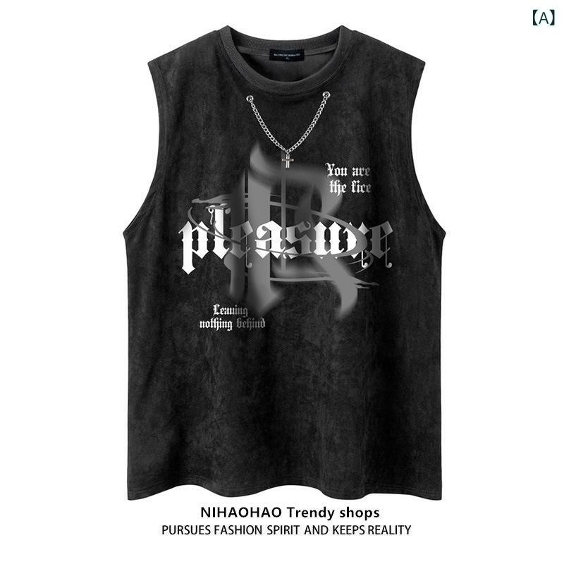 Tシャツ メンズ スエード調 春夏 ノースリーブTシャツ ルーズフィット ゆったり スポーツ カジュアル アメリカンレトロ ヴィンテージ風 イージーケア ロゴプリント