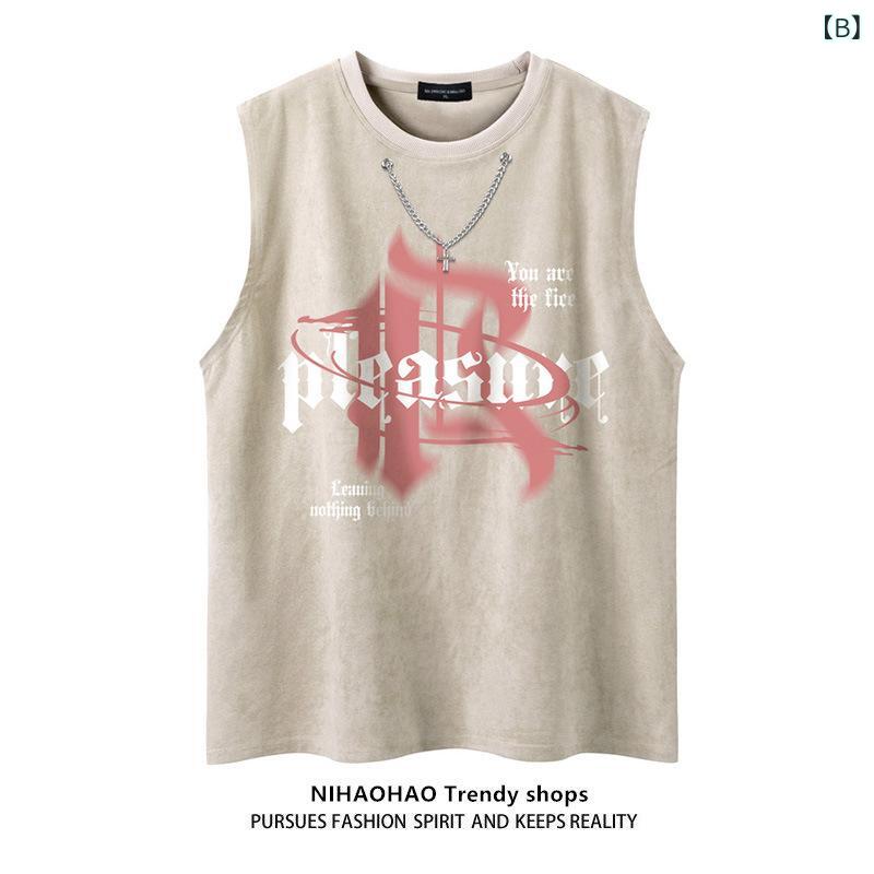 Tシャツ メンズ スエード調 春夏 ノースリーブTシャツ ルーズフィット ゆったり スポーツ カジュアル アメリカンレトロ ヴィンテージ風 イージーケア ロゴプリント