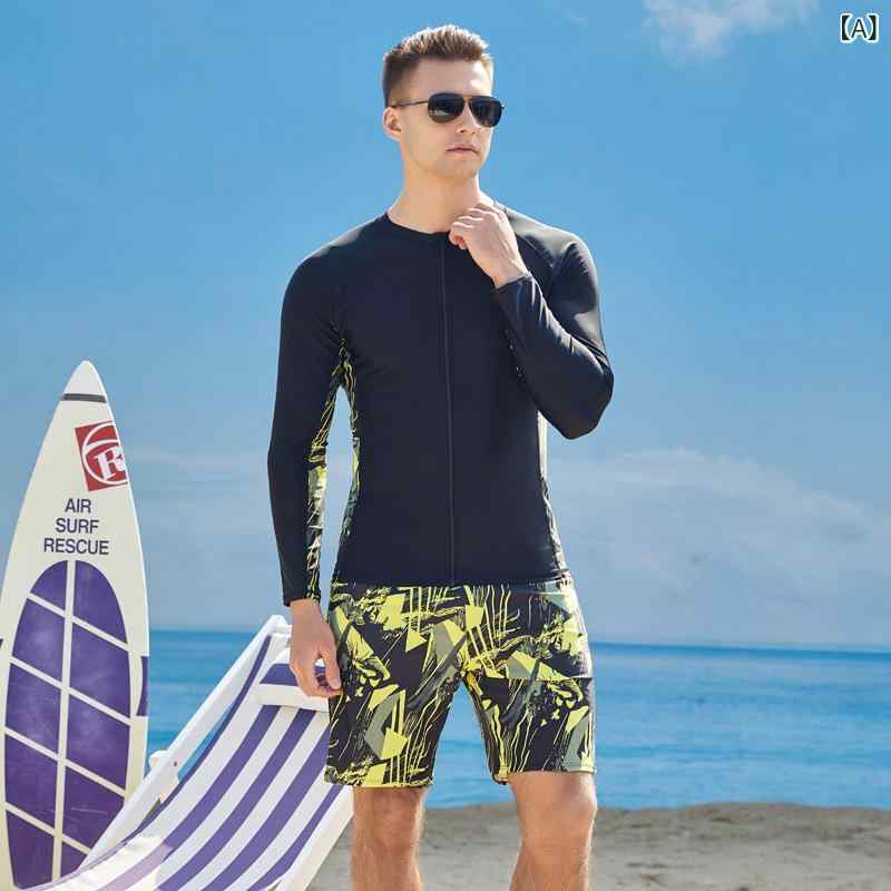 水着 メンズ 長袖 ファスナー 速乾 通気性 UVカット 大きいサイズ フィットネス 水泳 サーフィン ダイビング マリンスポーツ 上下セット サーフパンツ(x2)