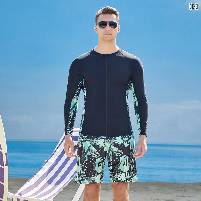 水着 メンズ 長袖 ファスナー 速乾 通気性 UVカット 大きいサイズ フィットネス 水泳 サーフィン ダイビング マリンスポーツ 上下セット サーフパンツ(x2)