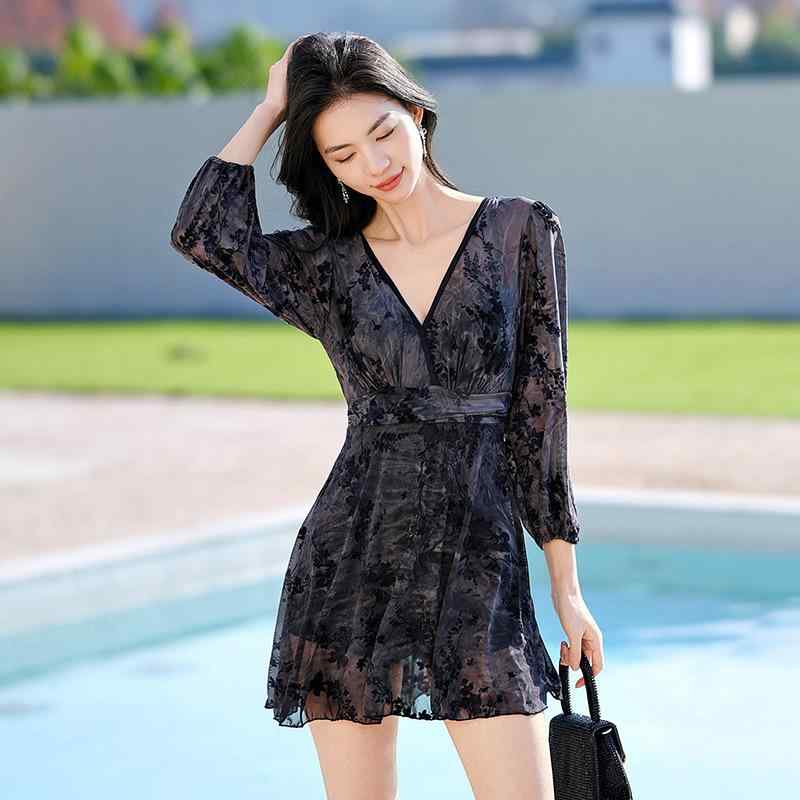 ワンピース水着 レディース 長袖 体型カバー 露出控えめ お腹カバー 着痩せ スカート付き パッド付き ..