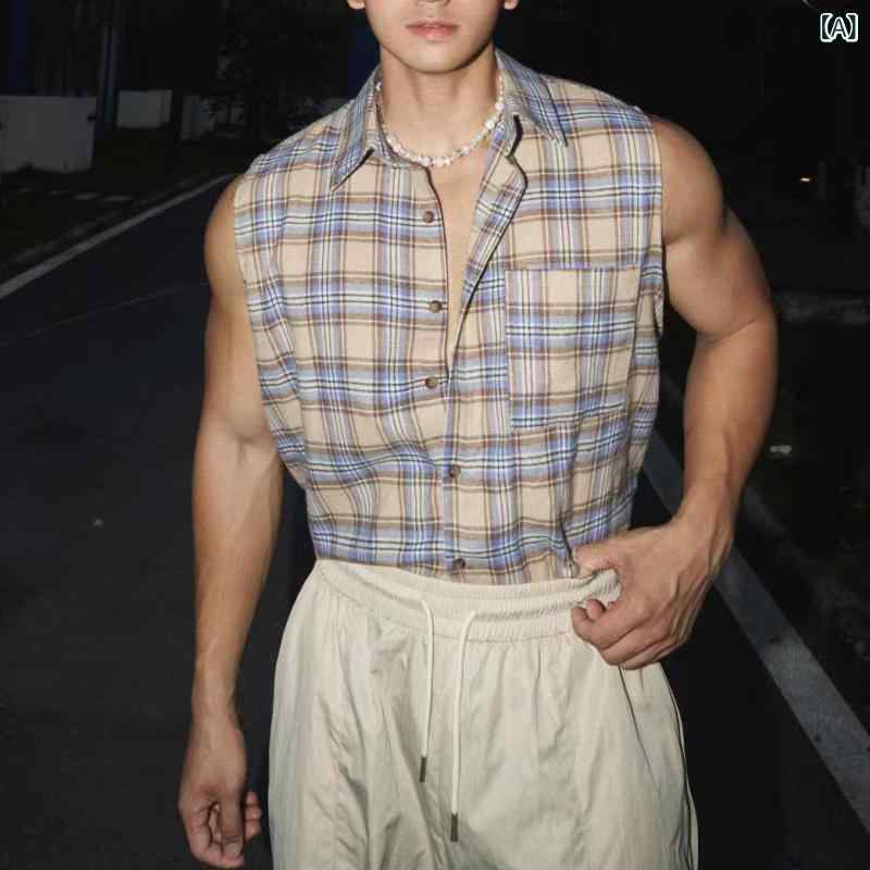 ノースリーブシャツ メンズ 大きいサイズ ゆったり チェック柄 ベスト 春夏 接触冷感 通気性 薄手 ポリエステル綿混素材 カジュアル 普段使い