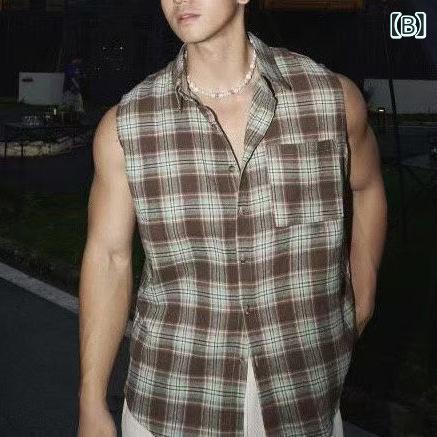 ノースリーブシャツ メンズ 大きいサイズ ゆったり チェック柄 ベスト 春夏 接触冷感 通気性 薄手 ポリエステル綿混素材 カジュアル 普段使い