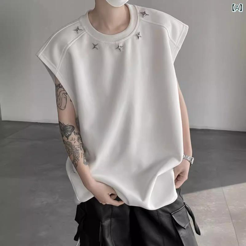 ノースリーブTシャツ メンズ メタルバックルデザイン ゆったり 春夏 ストリート系 カジュアル スポーツ フィットネス 個性的デザイン 無地 綿混