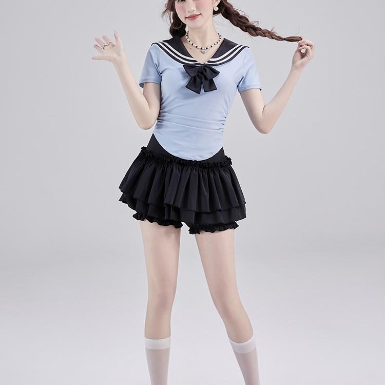 水着 レディース ワンピース水着 胸パッド付き ノンワイヤー スクール風 制服風 マリン セーラー服 リ..