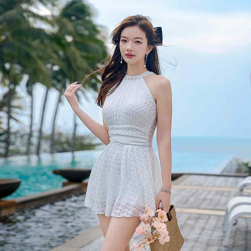 水着 レディース ワンピース スカートタイプ 無地 高級感 清楚系 セクシー ホルターネック 背中開き カップ付き ノンワイヤー 温泉 プール リゾート ビーチ(x2)