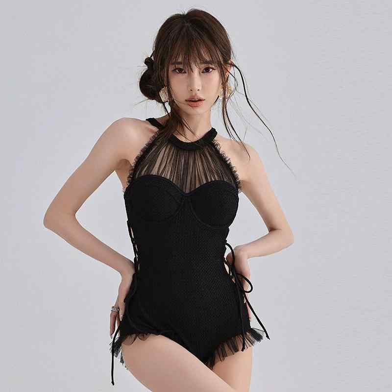 水着 レディース ワンピース 体型カバー お腹カバー 細見え 小胸向け ワイヤー入り 温泉 プール リゾート 韓国風 無地 ブラック(x2)