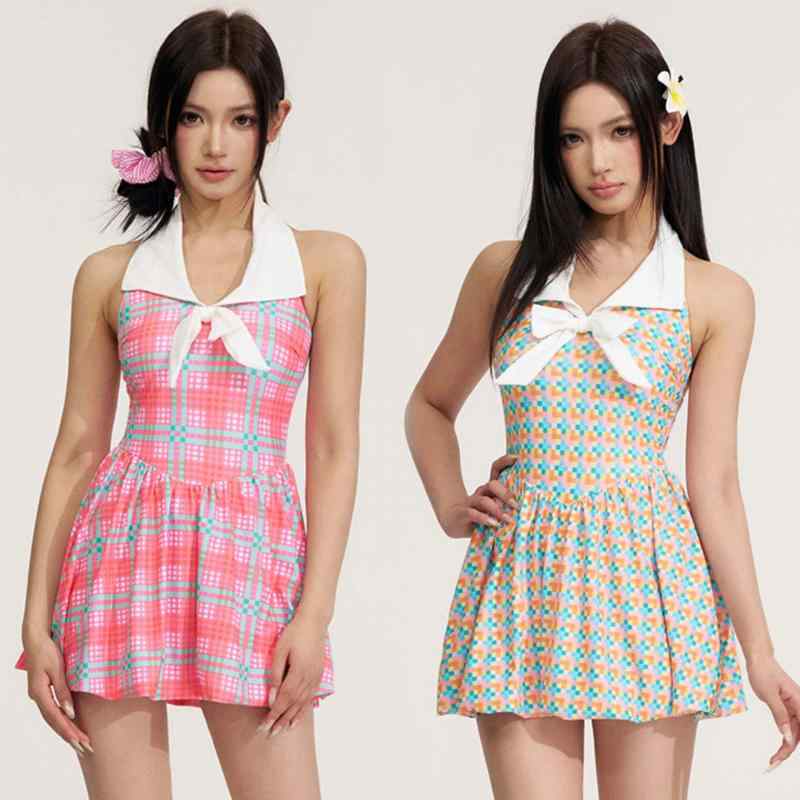 ワンピース水着 大きいサイズ レディース 学生 ぽっちゃり 体型カバー 露出控えめ かわいい チェック柄..