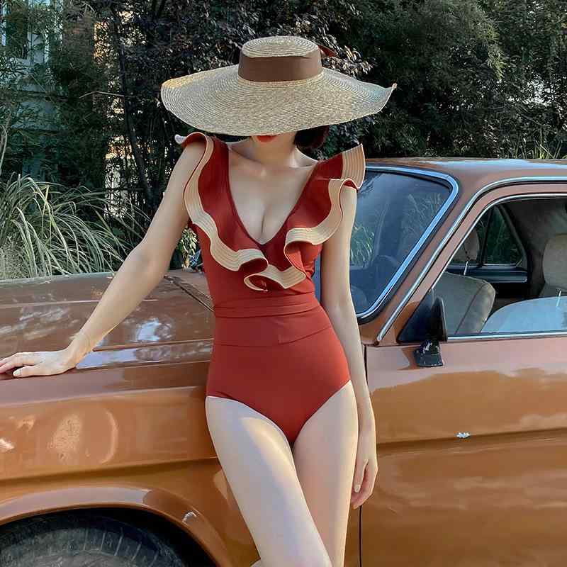 ワンピース水着 レディース セクシー ビッグフリル 三角 胸パッド入り ノンワイヤー フィット 温泉 プール ビーチ 大人用 ポリエステル スパンデックス キャラメル ボルドー