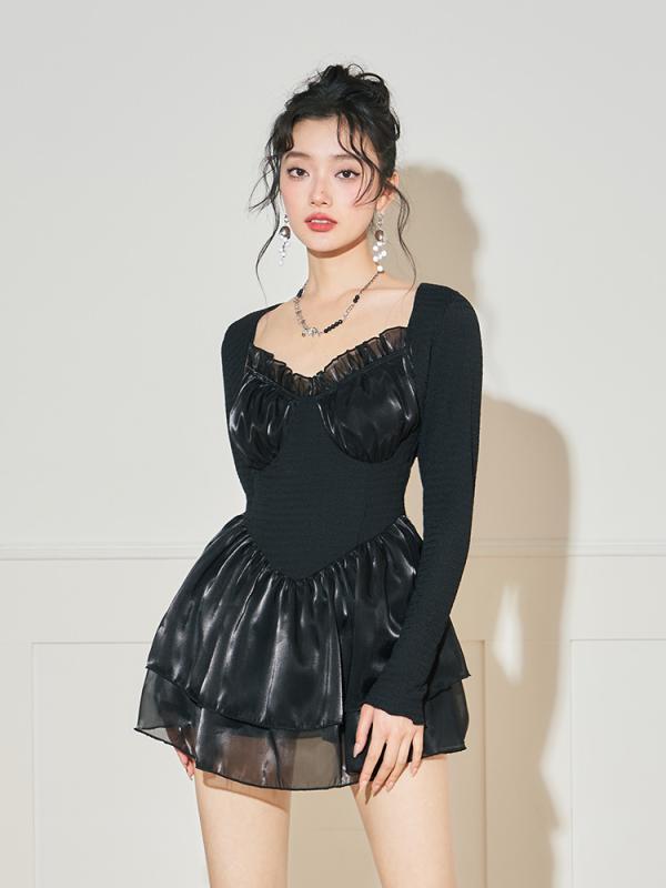 ワンピース レディース 体型カバー 着痩せ ぽっこりお腹カバー 谷間メイク パッド付き ノンワイヤー 速乾 高伸縮 セクシー 2点セット 長袖 無地 切り替えデザイン 温泉 プール 海水浴 スイムウェア