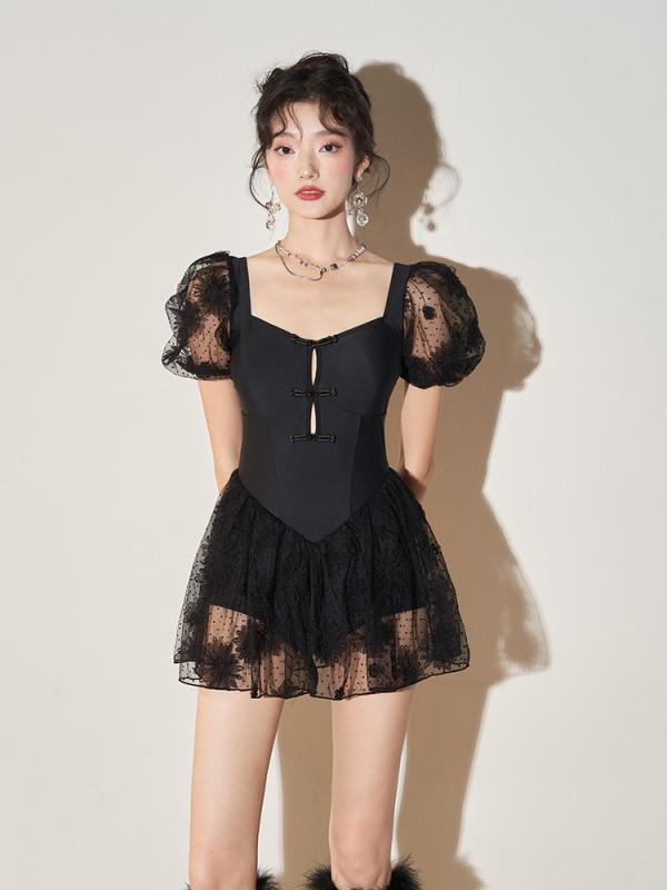 ワンピース水着 レディース 大人用 体型カバー 中国風 レトロ 飾りボタン ショートスリーブ シンプル スカート一体型 無地 ブラック 温泉 プール フィットネス 速乾 高伸縮性 パッド付き ノンワイヤー