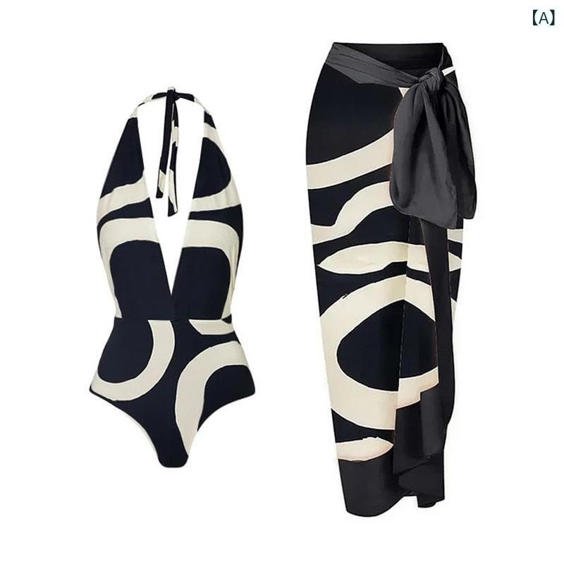 ワンピース水着 レディース パッド付き ワイヤーなし 深Vネック 紐付き シフォン スカート セット レトロ 欧米風 小花柄 セクシー バックレス 大人用 プール ビーチ 海 マリンスポーツ