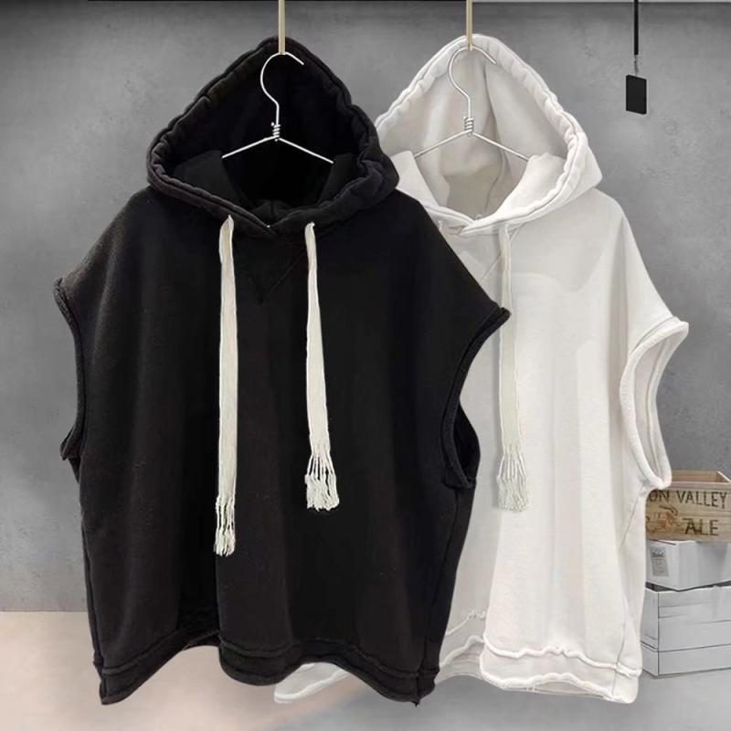 フード付きタンクトップ メンズ 無地 切り替えデザイン ビッグシルエット ゆったり 韓国風 トレンド カジュアル スポーツウェア ジムウェア 部屋着 春夏 ホワイト