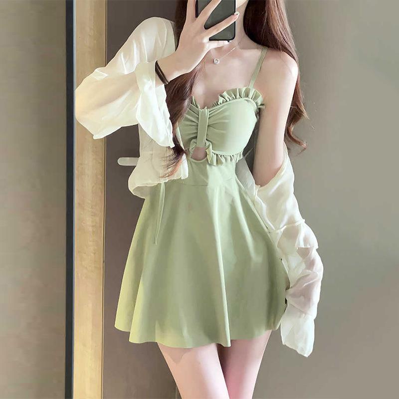 水着 レディース 長袖 体型カバー 着痩せ効果 露出控えめ 高級感 ワンピース オールインワン 温泉 プール 海水浴 リゾート スイムウェア 無地