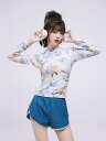 水着 レディース 体型カバー セパレート 長袖 UVカット リゾート 大人用 カジュアル ビーチウェア パッド付き ノンワイヤー オフホワイト バード柄 ポリエステル素材